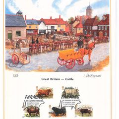 1984 Great Britain Limited Edition Lithographed Print measuring 333mm X 257mm showing Cattle Commemorative stamps with First Day of Issue Cancel