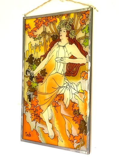 Vintage Art Nouveau Style Hand Painted and stained glass Glass Panel