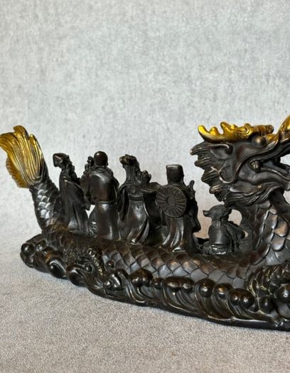 Antique Eight Immortals Dragon Boat - Patinated Bronze, Gold Accents, Signed