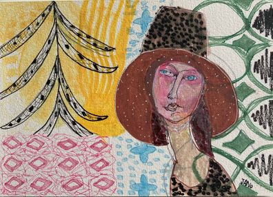 Original Jan O'Sullivan (JANo) Drawing - "Modigliani Pink" Contemporary Art