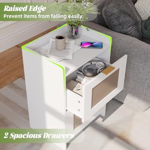Bedside Table with Charging Station, Rattan Nightstand with 2 Storage Drawers, Side Table with Golden metal handle for Bedroom, Living Room Study,40x30x60cm(White)