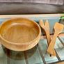 Mid Century Honey Teak Turned Medium Salad Bowl and Servers by Retos Shannon Image 8