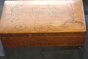 Antique Cedar Wood Box featuring a Swan Design on the Lid., Postage Available