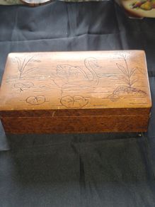 Antique Cedar Wood Box featuring a Swan Design on the Lid., Postage Available