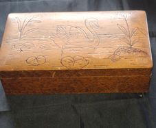 Antique Cedar Wood Box featuring a Swan Design on the Lid., Postage Available
