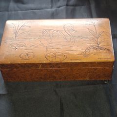 Antique Cedar Wood Box featuring a Swan Design on the Lid., Postage Available