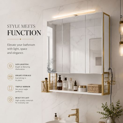 LED Mirrored Bathroom Cabinet with Storage, Basket & Hair Dryer Holder