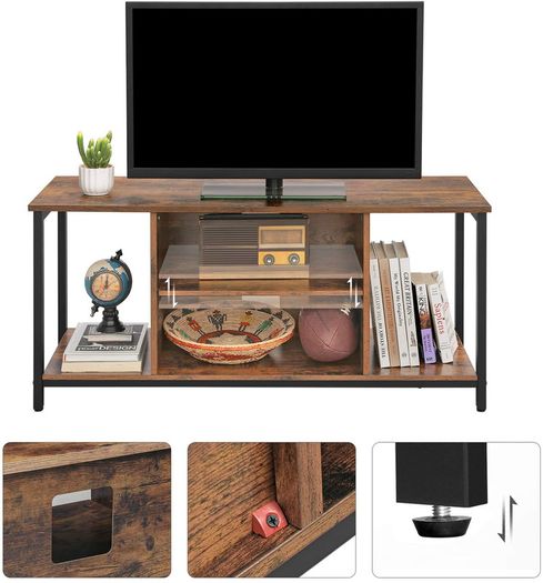 _TV cabinet, TV table, TV shelf, lowboard with open compartments, living room, 110 x 40 x 50 cm, industrial design, vintage, dark brown