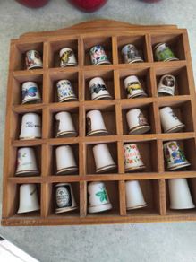 Lovely Thimble Display Case With 25 Thimbles House Wooden Unique 17 of them Irish .