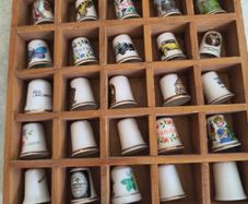Lovely Thimble Display Case With 25 Thimbles House Wooden Unique 17 of them Irish .
