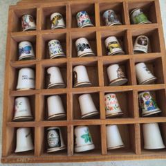 Lovely Thimble Display Case With 25 Thimbles House Wooden Unique 17 of them Irish .