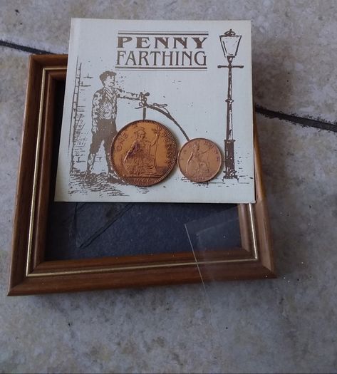 Vintage Novelty Framed Coin Display  " Penny Farthing Bicycle "