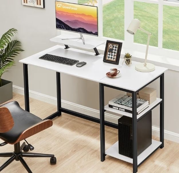 Computer Desk with Monitor Stand,100cm Office Desk with Reversible Storage Shelves,Study Desk for Home and Small Spaces,White