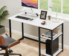 Computer Desk with Monitor Stand,100cm Office Desk with Reversible Storage Shelves,Study Desk for Home and Small Spaces,White