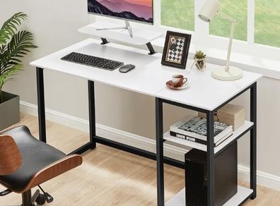 Computer Desk with Monitor Stand,100cm Office Desk with Reversible Storage Shelves,Study Desk for Home and Small Spaces,White