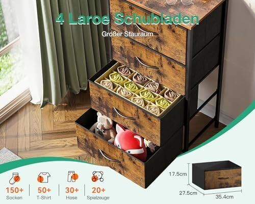Narrow Chest of Drawers with 4 Drawers, Small Chest of Drawers with Fabric Drawer, Sturdy Steel Frame, Wooden Top, Suitable for Bedroom and Living Room, Retro