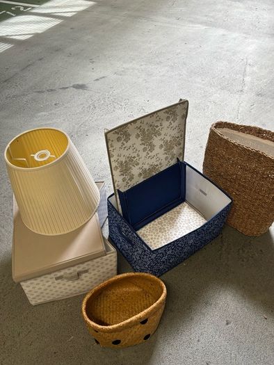 Storage Boxes, baskets and lamp shade