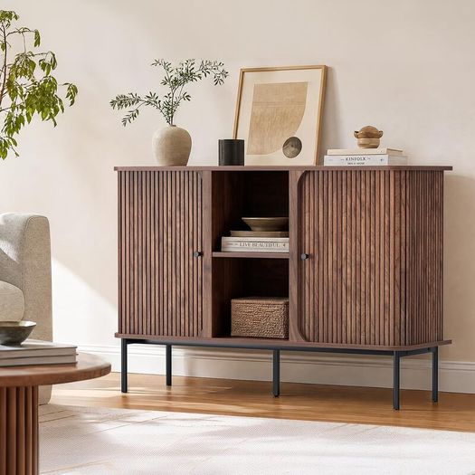 Sideboard Buffet Cabinet Storage with Sliding Door Cupboard, Walnut