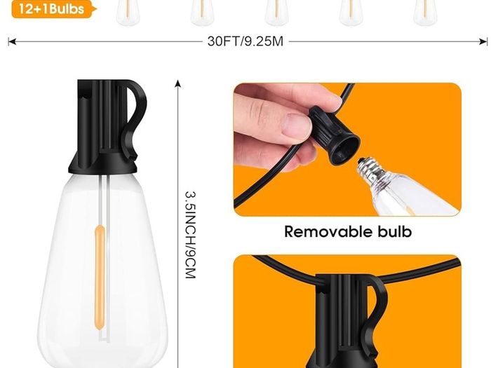 Festoon Lights Mains Powered - 30Ft/9.25M LED Garden String Lights Waterproof Outside Light Bulb 12+1 ST38 Plastic Bulbs Gazebo Pergola Patio Bistro Hanging Lights