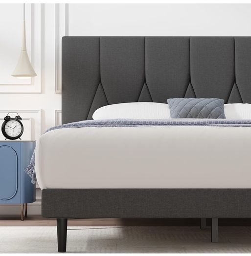 Double Bed Frame, Dark Grey, Upholstered Wooden Slat Bed Frame with Headboard