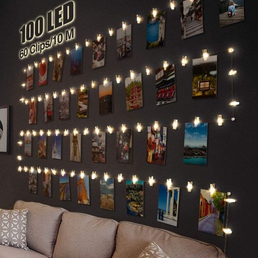 100LED Photo Clip String Lights, Litogo 10M Photo Peg Fairy Lights with 60 Clips Indoor Battery Powered Silver Wire Hanging String Photo Frames Decoration for Bedroom Wedding Party Christmas Photo