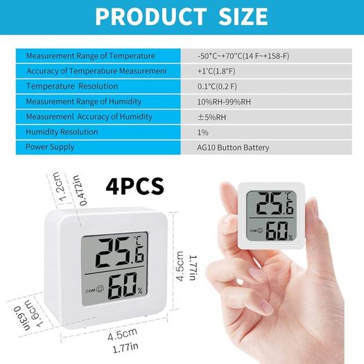 4PCS Room Thermometer, Digital Room Hygrometer Accurate Temperature Humidity Meter Gauge Monitor Indoor Humidity Meter Large LCD Display Celsius for House Greenhouse Baby Office Garden Cellar (White)