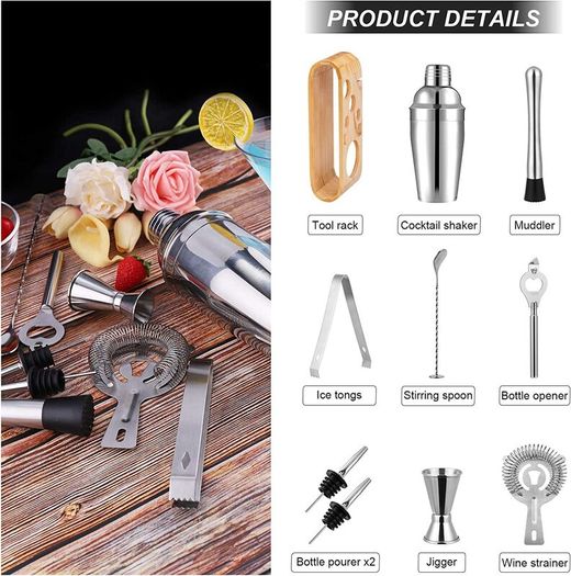 10pcs Set Cocktail Shaker Stainless Steel 350ml Cocktail Making Set with Wooden Stand Maker Drink Mixer Accessories Bar Tool Gift Set for Bartender Home