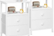 Bedside Table Set of 2, Side Table with 2 Fabric Drawers, Bedroom Bedside Cabinet with Open Storage Shelf, End Table, Nightstand for Living Room, Small Spaces, White