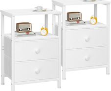 Bedside Table Set of 2, Side Table with 2 Fabric Drawers, Bedroom Bedside Cabinet with Open Storage Shelf, End Table, Nightstand for Living Room, Small Spaces, White