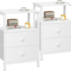 Bedside Table Set of 2, Side Table with 2 Fabric Drawers, Bedroom Bedside Cabinet with Open Storage Shelf, End Table, Nightstand for Living Room, Small Spaces, White