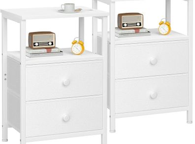 Bedside Table Set of 2, Side Table with 2 Fabric Drawers, Bedroom Bedside Cabinet with Open Storage Shelf, End Table, Nightstand for Living Room, Small Spaces, White