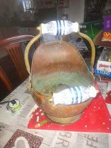 Beautiful Antique Brass, Copper and Porcelain Coal Scuttle