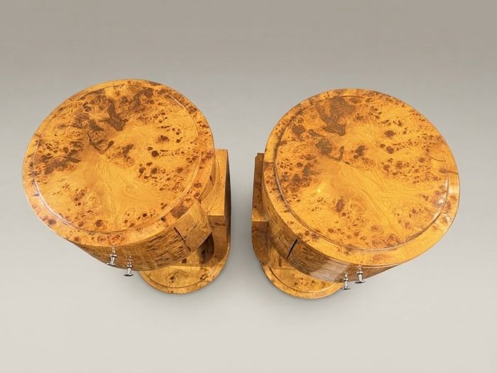 Olive Burl Pair of Art Deco Style Bedside Lockers / Nightstands