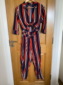 Pretty Little Thing Navy, Red and Cream Striped Jumpsuit