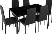 _Dining Room Set with Dining Table and 6 Dining Chairs. Durable Faux Leather. Robust Table Top Made of Safety Glass