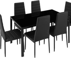 _Dining Room Set with Dining Table and 6 Dining Chairs. Durable Faux Leather. Robust Table Top Made of Safety Glass
