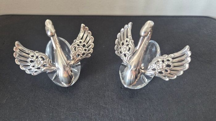 Rare vintage swan-shaped salt cellars crafted from 925 silver and cut crystal