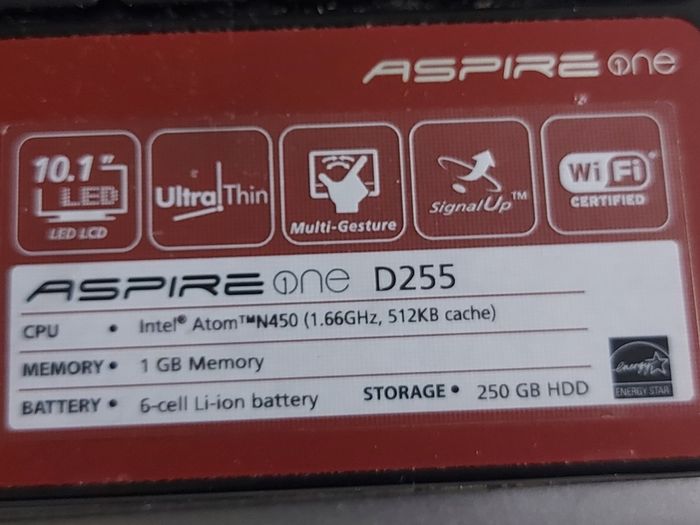 Acer Aspire One, Model D255, Intel Atom N450, 1.66 GHz, 1GB Ram, 250GB HDD, Windows 7, 32 bit, Firefox, Opera, chrome