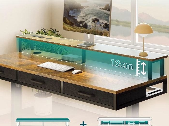 Standing Desk with 3 Storage Drawers, 120cm Height Adjustable Desk Electric Sit Stand Table with Monitor Stand, LED Lights, Power Outlet, Space Saving for Small Home Office Living Room, Brown