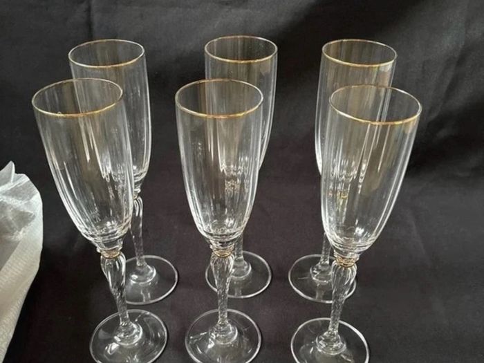 Set of 6 Vintage Lenox Monroe Gold Trim Crystal Champagne Flutes - Made in Austria