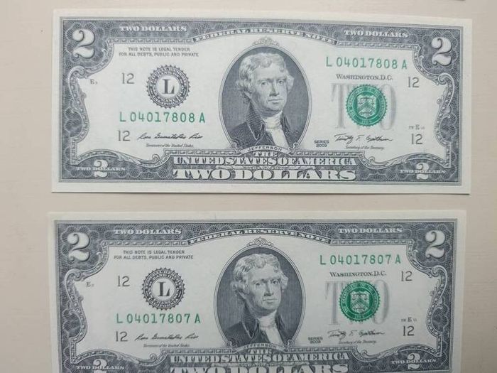 5 UNC  USA 2 Dollars Banknotes In Sequence