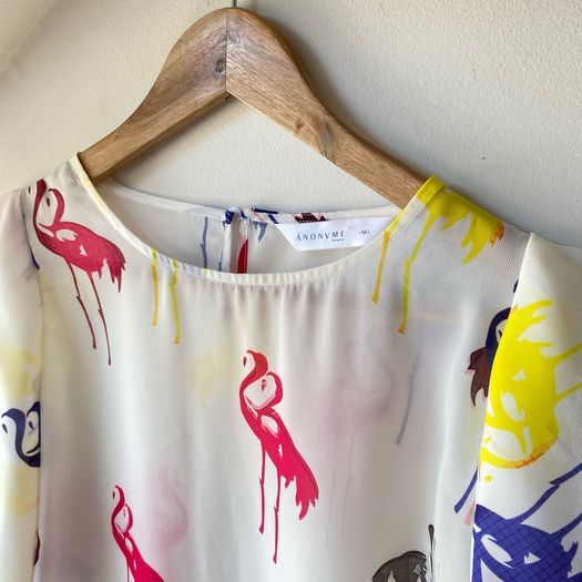 Anonyme Designers White Flamingo Print Blouse 3/4 Sleeves