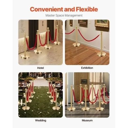 Stanchion Post, 8 Pcs Crowd Control Barrier Set with 6 Red Velvet Ropes, 5 ft Stainless Steel Gold Stanchion Post Queue with Sand Injection Hollow Base for Theater, Party, Wedding, Exhibition