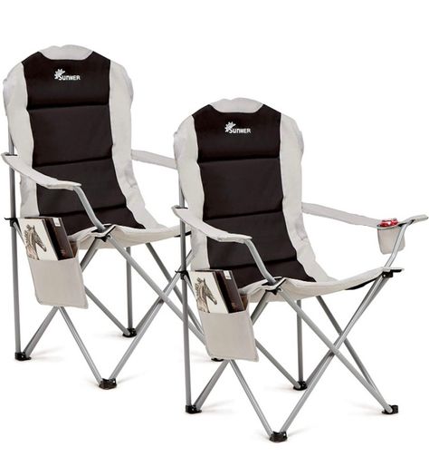 Padded Camping Chairs - Set of 2 Deluxe Folding Chairs with Cup Holder and Side Pockets, Holds up to 120kg - Lightweight 3.3kg per Chair - Black & Grey (FREE POSTAGE)