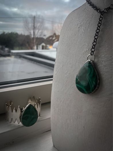 Malachite Crystal on a Salvaged Jagged Silver Bangle