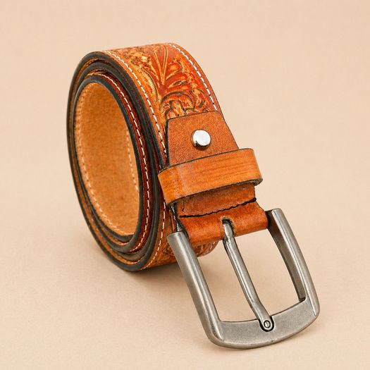 Unisex Genuine Leather Belt Vintage Embossed Design with Antique Buckle Casual & Formal Waist Belt