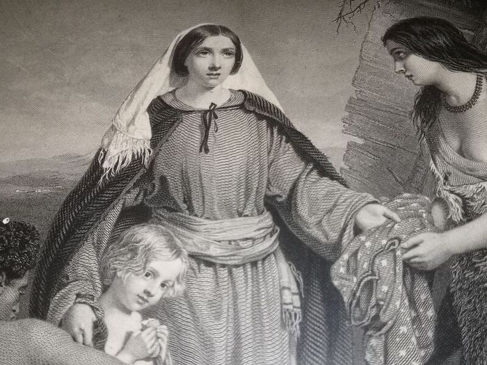 Beautiful antique engraving 1855 The Alms deeds of Dorcas
