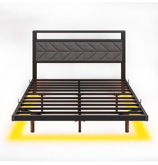 4ft6 Upholstered Floating Double Bed Frame Black, Storage Headboard Metal Bed Frame with LED Lights and Charging Station, Heavy Duty Metal Slat Support, Noise Free, No Box Spring Needed