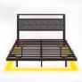 4ft6 Upholstered Floating Double Bed Frame Black, Storage Headboard Metal Bed Frame with LED Lights and Charging Station, Heavy Duty Metal Slat Support, Noise Free, No Box Spring Needed Image 2