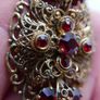 Vintage Ornate Oval Ruby Glass Domed Filigree Gold Tone Brooch Pin Image 5